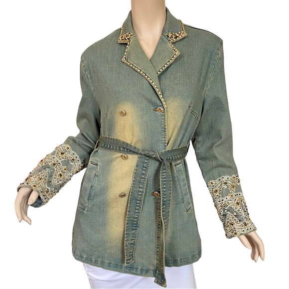 Vintage Kaity Jean Jacket Belted Button Front Bead Lace Sleeve Size Medium - Picture 1 of 16